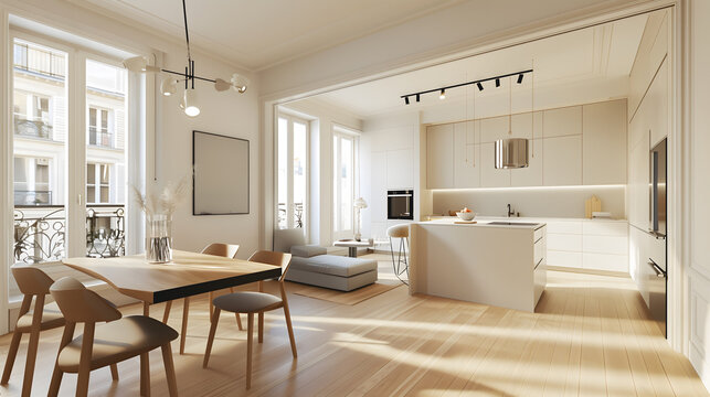 Une cuisine lumineuse et moderne avec des &eacute;l&eacute;ments de design minimaliste d'un appartement haussmannien.