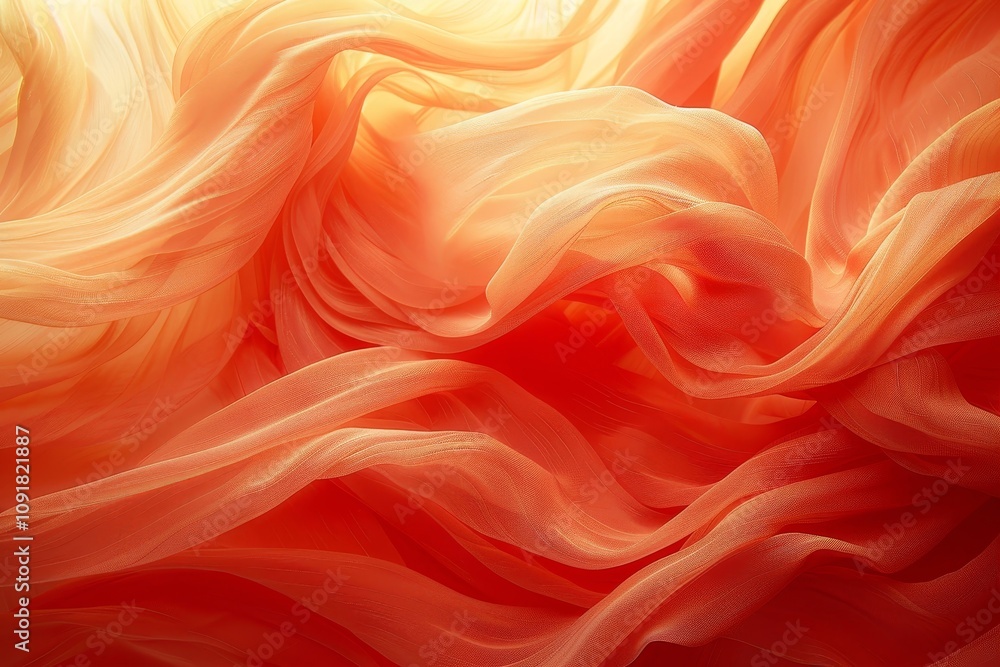 Poster soft orange fabric drapes gracefully, forming flowing waves that catch the light. the gentle folds a