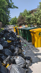Fototapeta premium Des sacs poubelles débordants bordent le trottoir d’une rue résidentielle signifiant la grève des éboueurs. 
