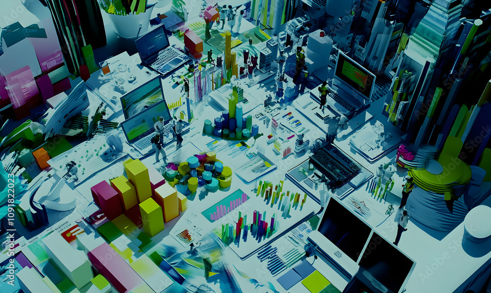 Poster abstract image depicting a complex network of data, charts, graphs, and miniature figures representi