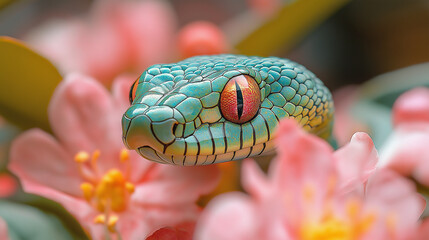 Fototapeta premium Chinese New Year 2025 - Year of Snake concept. Green snake with cherry blossoms tree branch