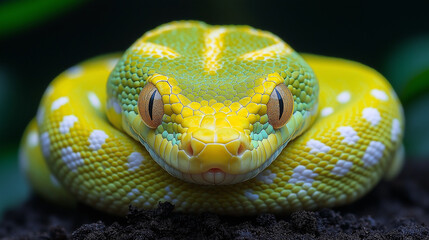Fototapeta premium Head of a venomous green snake with beautiful eyes close up 
