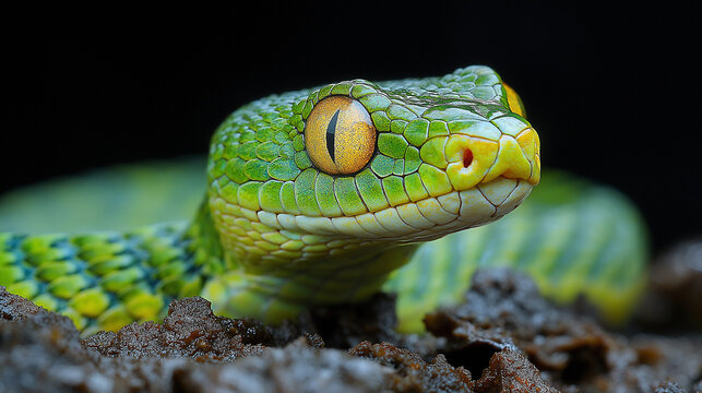 Close up portrait of beautiful Green tree snake looking into camera
