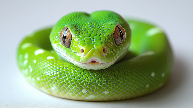 Close up portrait of beautiful Green tree snake looking into camera