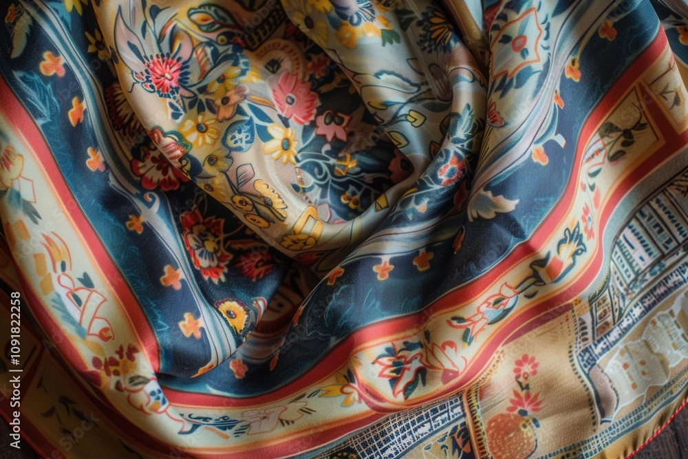Aufkleber delicate silk scarf displaying vibrant floral patterns draped elegantly over a rustic wooden table i