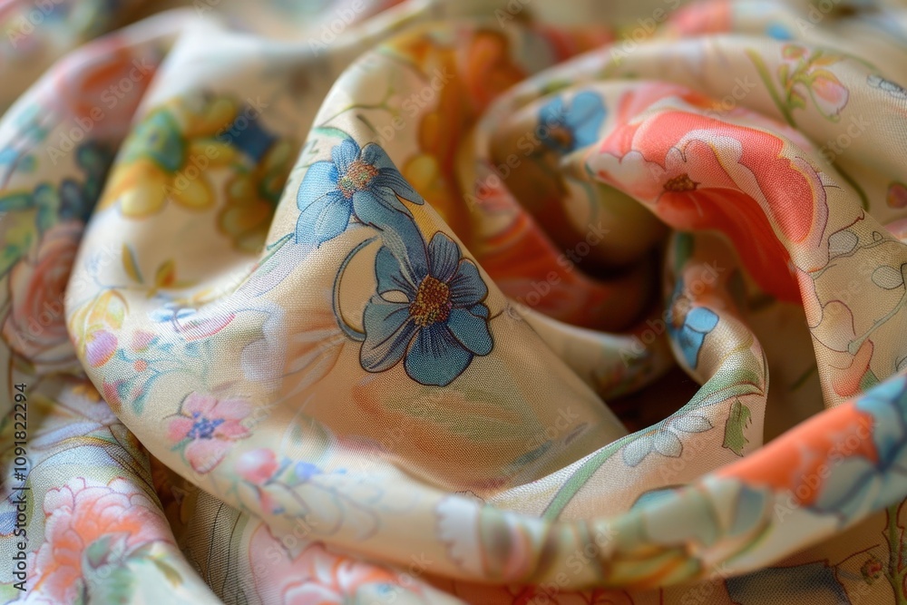 Poster delicate silk scarf displaying vibrant floral patterns draped elegantly over a rustic wooden table i