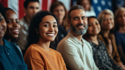 Obraz premium A group of diverse individuals sit together, smiling and enjoying a community gathering. The vibrant atmosphere reflects unity and happiness among the people.