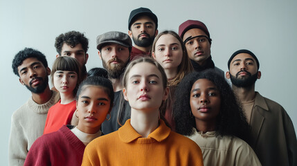 A diverse group of people standing together, all with neutral expressions. The image highlights inclusivity, diversity, and unity among different individuals, showcasing a range of styles and personal
