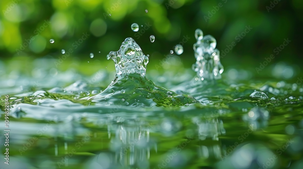 Poster droplets of water burst upwards, creating ripples in a tranquil setting filled with lush greenery un