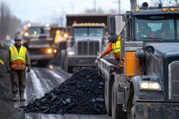 A team of construction workers uses heavy machinery to pave a road with fresh asphalt amidst a busy work environment, focusing on development and teamwork.
