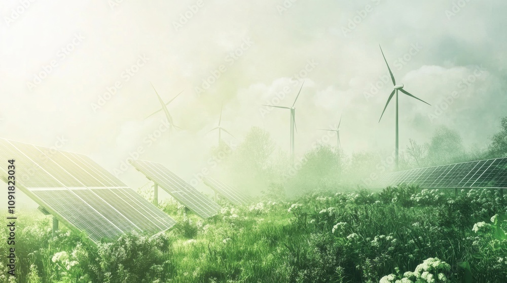 Aufkleber Solar panels and wind turbines coexist in a serene environment filled with greenery and calming abstract patterns, highlighting sustainability. Generative AI