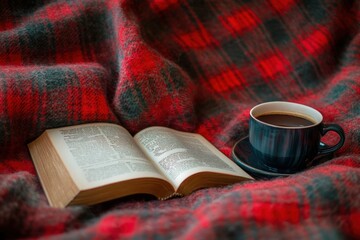 Naklejka premium Cozy Reading Moment with Coffee and Blanket