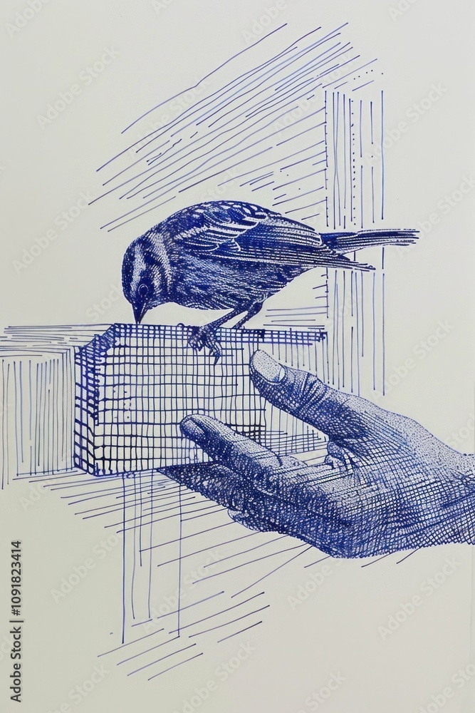 Poster hand holding a grid while a bird perches on it, creating a harmonious connection between nature and 