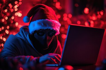 Mysterious Hacker in Santa Hat at Computer
