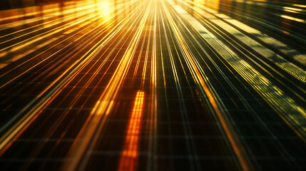 Abstract Solar Energy with Glowing Light Rays, sunbeam breaking through network of solar panels, symbolizing renewable energy