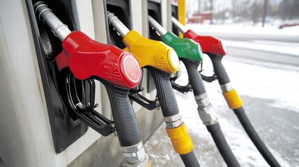 Close-up view of colorful gas pump nozzles showcasing fuel options amidst a winter landscape