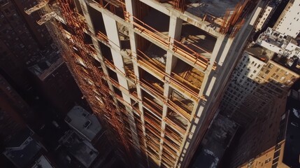 Fototapeta premium High-angle view of a skyscraper under construction.