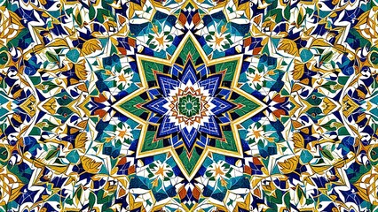 Colorful Geometric Islamic Mosaic, Ornate Symmetrical Tile Art Illustration pc, laptop wallpaper