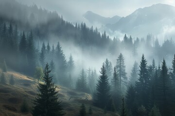 Obraz premium Towering pines rise in a misty forest at dawn, as fog envelops the landscape and distant mountains fade into the background, creating a serene and enchanting atmosphere.