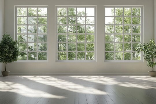 Bright Indoor Space with Large Windows and Greenery