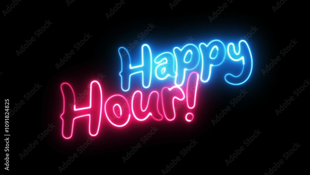 Poster happy hour neon sign. happy hour text font with light. luminous and shimmering haze inside the lette