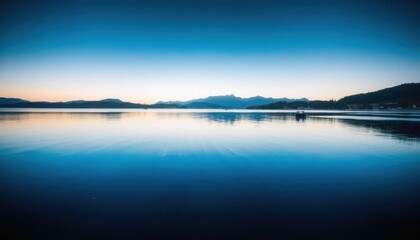 Fototapeta premium a view of a lake with mountains in the distance and a boat in the water