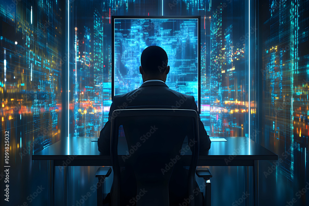 Poster silhouetted businessman working late at night, computer screen displaying data streams reflecting a 