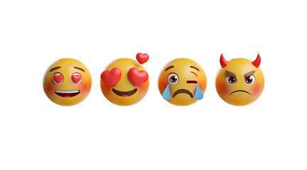 Obraz premium 3D Set of Emoticons Isolated. Round Yellow Faces with Various Emotions and Expression. Tear Smile Sad Love Happy Unhappy Like Lol Angry Wink Laughter Emoji Character Collection. Vector Illustration 