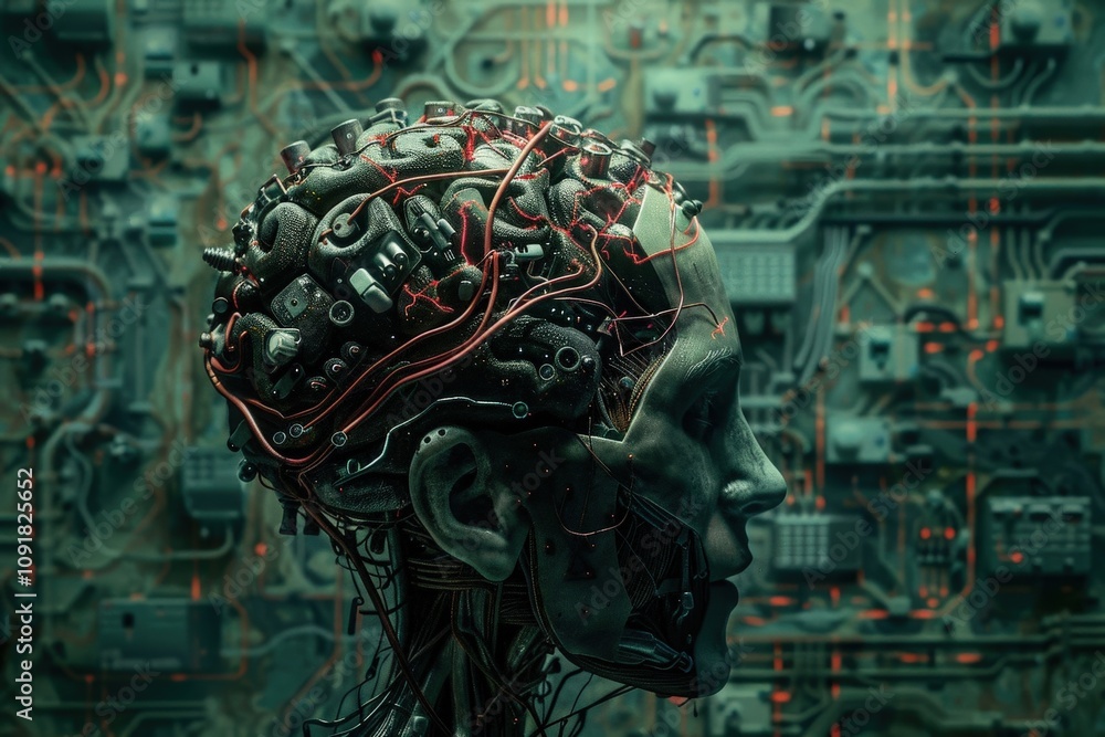 Fototapete artificial intelligence concept depicting a human-like head with a complex circuit board brain, illu