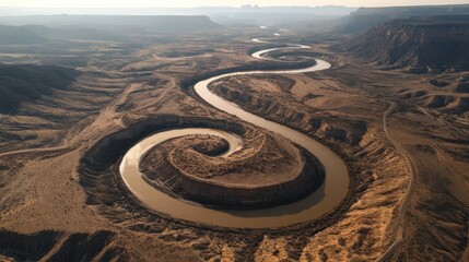 Aerial View of a River Meandering Through a Desert Canyon