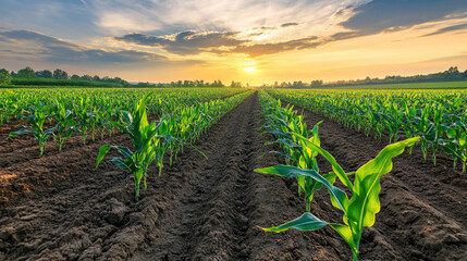 Fototapeta premium organic corn field or maize field at agriculture farm in the morning sunrise 