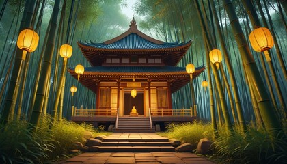 Fototapeta premium A peaceful temple nestled within a bamboo forest, with golden lanterns casting a warm light, offering a space for inner peace and mindfulness, Generative AI