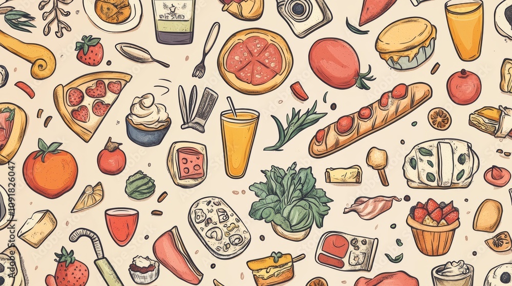 Poster colorful doodles feature an array of foods such as pizza, sushi, fruits, and desserts, creating a li