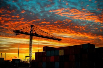 Sunset Over a Construction Site with Cargo Containers