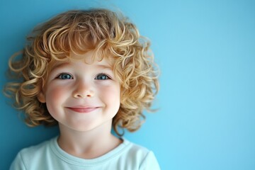 Naklejka premium Happy Child with Curly Hair Against Blue Background