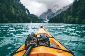 Obraz premium A person paddles through a tranquil turquoise lake, surrounded by lush green forests and majestic mountains under a moody sky, enjoying a peaceful nature experience.