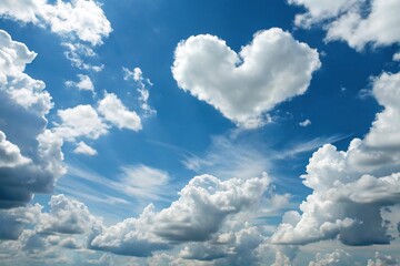 Heart-shaped clouds and fluffy white clouds against a bright blue sky, light and airy, white clouds, blue sky, clouds, peaceful atmosphere