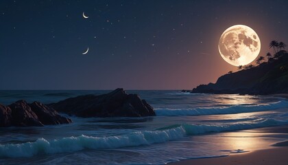 A tranquil moonlit night by the ocean, where the sound of the waves is accompanied by the soft glow of the moon, fostering a sense of calm, Generative AI
