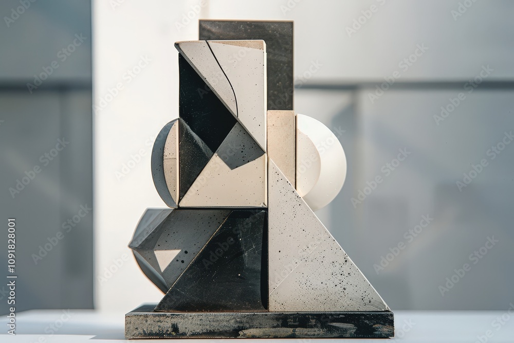 Aufkleber sculpture featuring geometric shapes created from contrasting materials displayed in a bright indoor