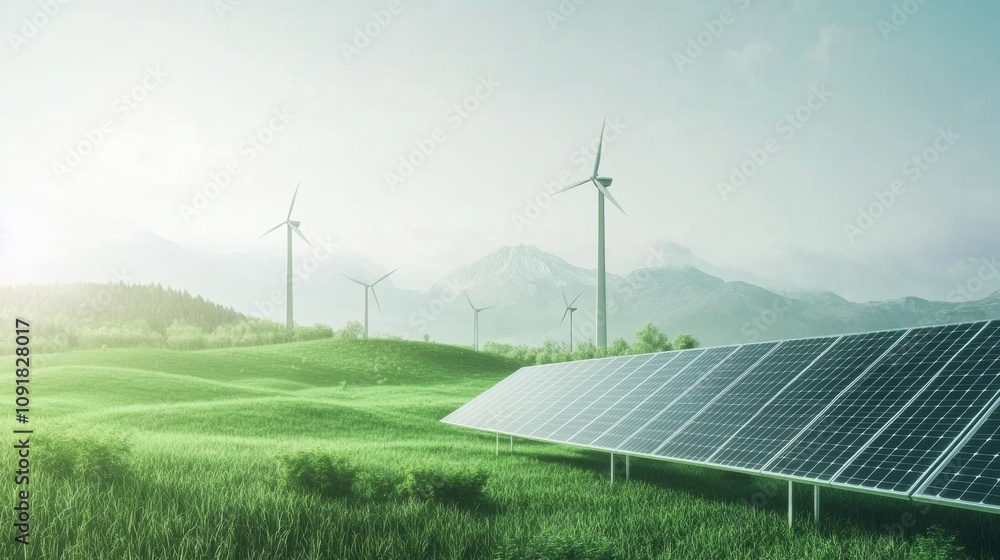 Poster solar panels and wind turbines create a sustainable energy landscape surrounded by vibrant green pat