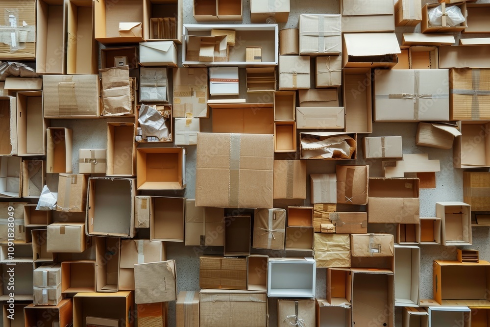 Poster numerous cardboard boxes of different shapes and sizes are layered on a wall, creating an eclectic a