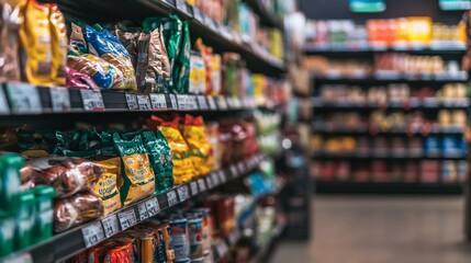 Obraz premium Variety of packaged goods on grocery store shelves