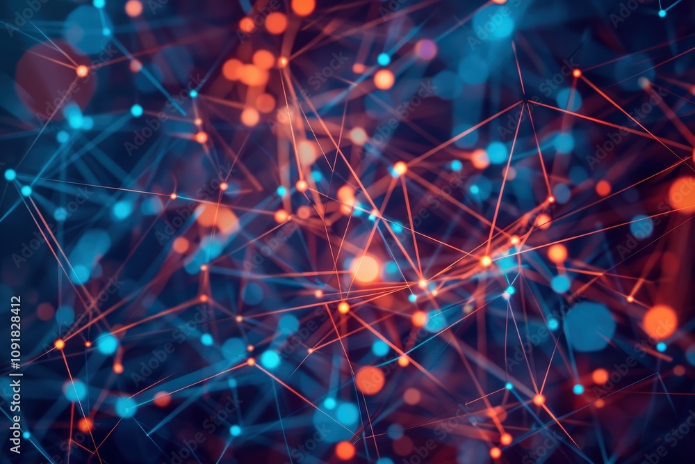 Poster Colorful abstract representation of interconnected nodes and lines illustrating data flow and digital networks in a dynamic virtual environment