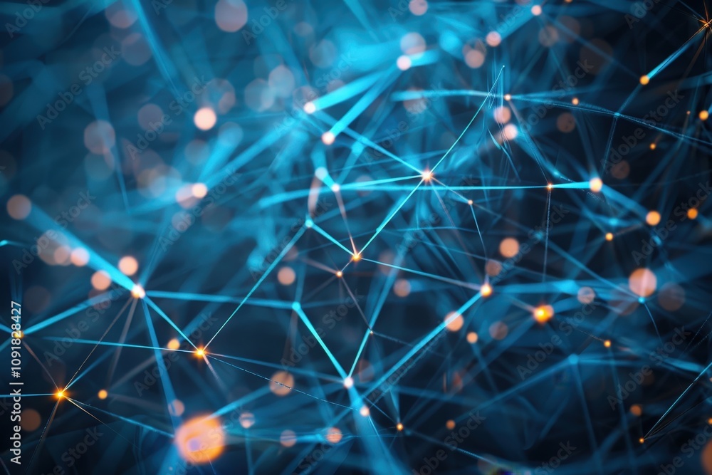 Poster Colorful abstract representation of interconnected nodes and lines illustrating data flow and digital networks in a dynamic virtual environment