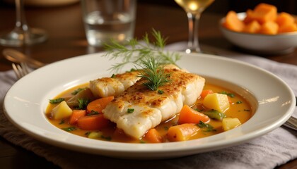 Savory Waterzooi fish dish with vegetables served in a bowl and garnished with herbs