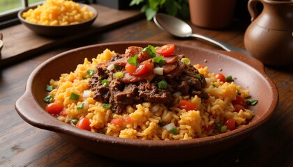 Steaming Arroz Carreteiro with beef and rice in a cast iron pot