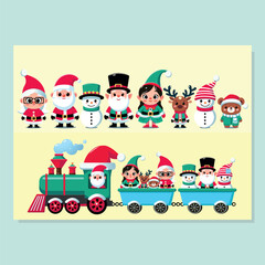 Fototapeta premium Christmas illustration, cute christmas characters, santa claus, reindeer, santa claus, snowman, bear, elf. Vector image for editing and printing.
