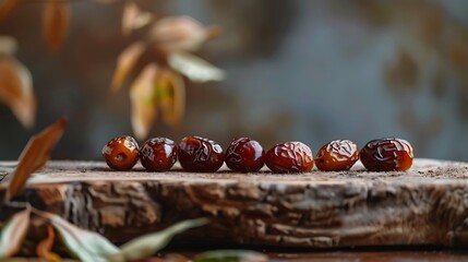 Fresh dates displayed on a rustic wooden table, surrounded by green foliage. Perfect for food blog, healthy lifestyle, or naturethemed designs.