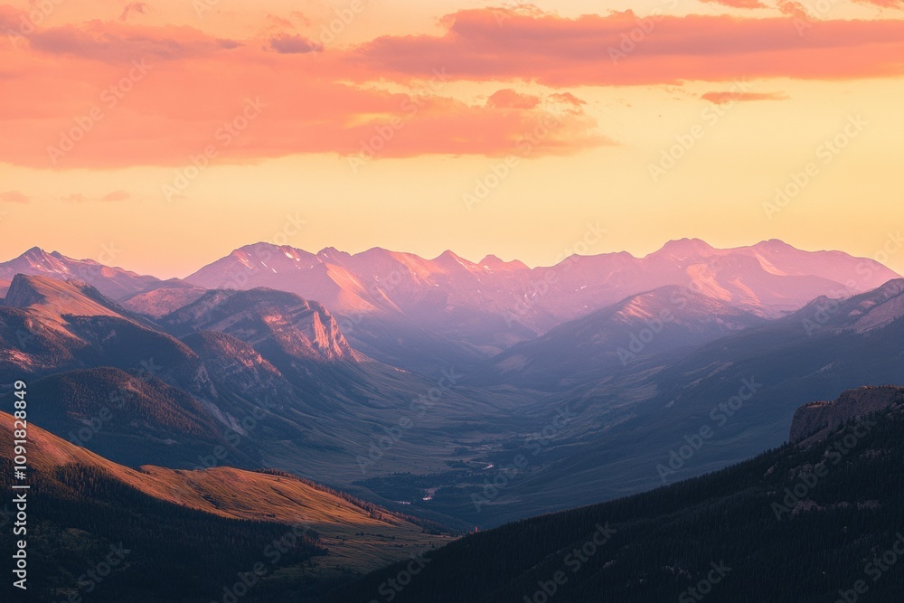 Poster view of a serene mountain landscape at sunset, showcasing vibrant colors illuminating peaks and vall