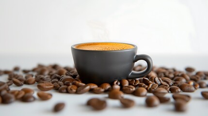 Steaming cup of coffee with scattered beans, perfect for coffee shops, cafes, menu designs, and social media posts.